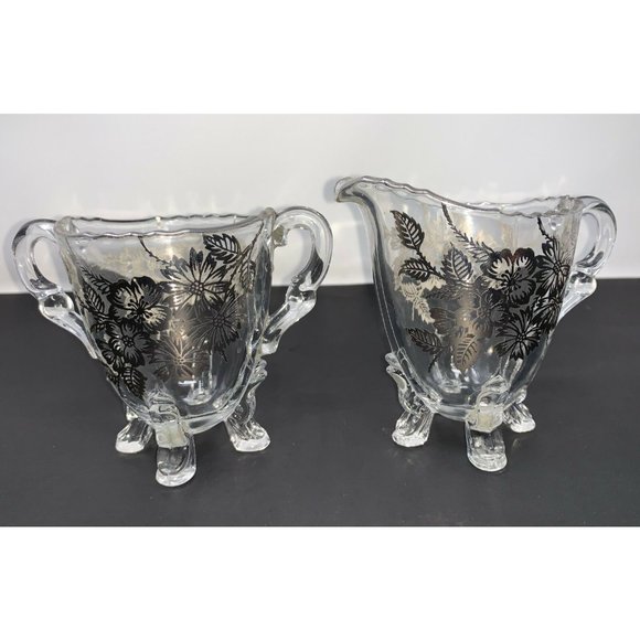 VIKING GLASS #42  Four Toed Open Sugar & Creamer SILVER CITY Springtime Overlay - Picture 1 of 10